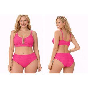 XL ZAFUL 2 Piece Ribbed Hot Pink U-Wire High Waisted Push Up Bikini NWT